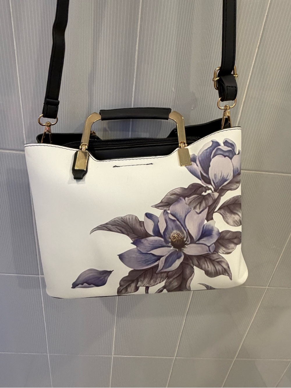 Floral-Print White Crossbody Tote with Gold Hardware